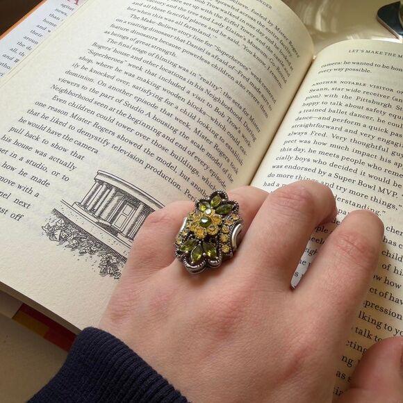 Source Unknown Jewelry - Statement silver ring with green and yellow rhinestones